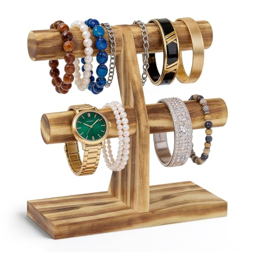 EsLuker.ly Bracelet Holder Display Wooden Stand Organizer, T Bar Bangle Storage Rack for Home Vendors Business Selling, Large Capacity 2 Tier Jewelry Tree Tower for Watches, No Clutter, Rustic Brown - color: Rustic Brown