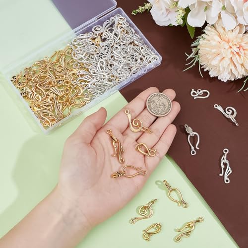 PH PandaHall 120 Sets Tibetan S Hook Ring Toggle Clasps 4 Styles Toggle Jewelry Clasps End Clasps Connectors Jewelry Closure Clasps for Bracelet Necklace Jewelry Making, Antique Silver/Antique Golden