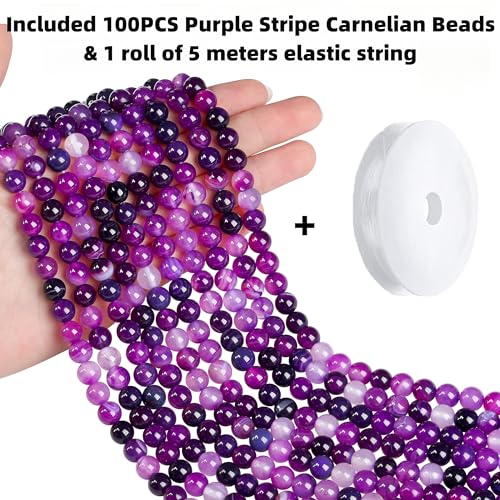 QINJIEJIE 100PCS Purple Stripe Carnelian Beads 8mm Natural Beads Round Loose Gemstone Bead for Bracelet Beading Crystal Jewelry Making DIY Necklace Earrings 0.32" - color: Purple stripe Carnelian, size: 100PCS