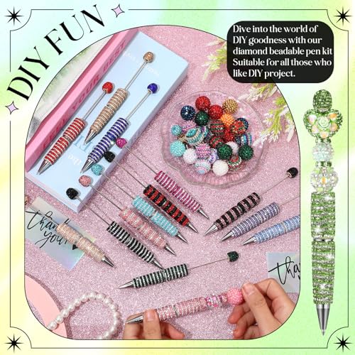 Tondiamo 45 Pcs Full Rhinestone Beadable Pens Bulk Set 15 Glitter Diamond Pens with Cards & Bags Fancy Beaded Pen for Beads DIY Cute Journalling Bling Ballpoint Craft Making(Stripe Diamonds) - style: Stripe Diamonds