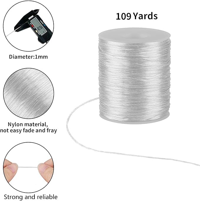 White Nylon String Cord - 1 MM 100 Yards Braided Ornament String, Nylon Twine Thread for Bracelet Making, Necklace Jewelry Thread Clay Bead Cord for Crafts Bracelets, Macrame Beading - style: White