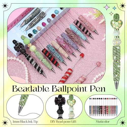 Tondiamo 45 Pcs Full Rhinestone Beadable Pens Bulk Set 15 Glitter Diamond Pens with Cards & Bags Fancy Beaded Pen for Beads DIY Cute Journalling Bling Ballpoint Craft Making(Streak Diamonds) - style: Streak Diamonds