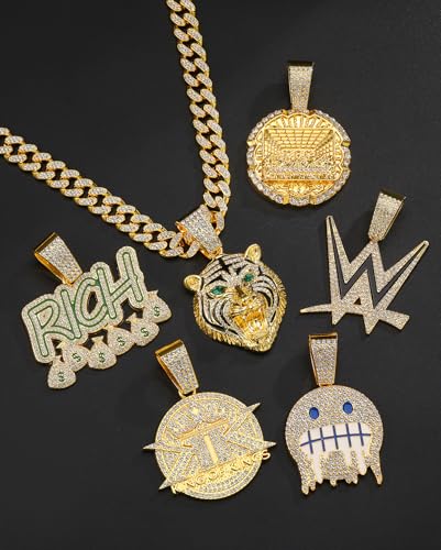Lced Out Diamond Cuban Chain for Men | Hip Hop Miami Link Necklace Silver & Gold Plated Options with Pendant, 7-Pack Gift Set - color: Gold, size: 24 inches