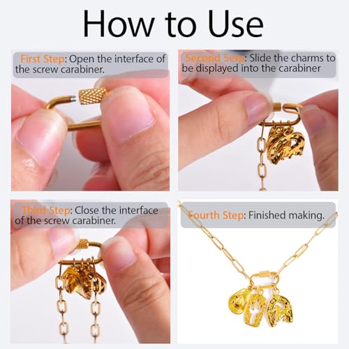 Stainless Steel Screw Carabiner Lock Charms, 18K Gold Plated, 6 Pieces, Jewelry Making Connectors, 0.83 x 0.43 Inch, Necklace Charm Holder Clasps (6)
