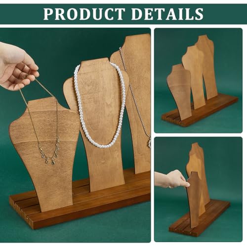 PH PandaHall Wood Necklace Display Stands 3-Row Necklace Holder Wooden Necklace Display Rack with 3 Removable Displays Bust Jewelry Display for Necklaces Rings Craft Selling Vendors Showcase Storage