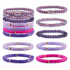 Ornaland 7Pcs Handmade Polymer Clay Heishi Surfer Stretch Bracelets Set Colorful Glass Beads Bracelets Boho Stackable Preppy Bracelets Wrist Jewelry for Women - color: Purple