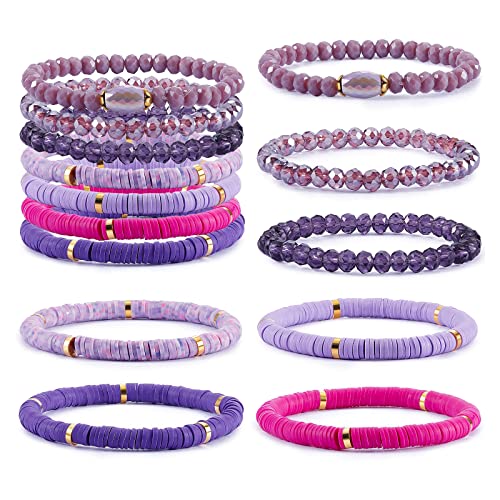 Ornaland 7Pcs Handmade Polymer Clay Heishi Surfer Stretch Bracelets Set Colorful Glass Beads Bracelets Boho Stackable Preppy Bracelets Wrist Jewelry for Women - color: Purple