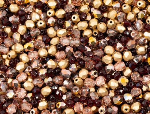 1.8 oz (50g, Approx. 1220 pcs) Mix of Faceted Fire Polished Pressed Czech Glass Beads, Sparkling Shiny Mix BCV - color: Mix 02 Red Gold, size: 50 g