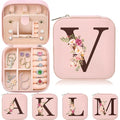 Small Travel Jewelry Case for Women, Initial Travel Jewelry Case Box Organizer Personalized Gifts, Fashion Travel Essentials Trendy Stuff for Teen Girls, Pink V - style: V