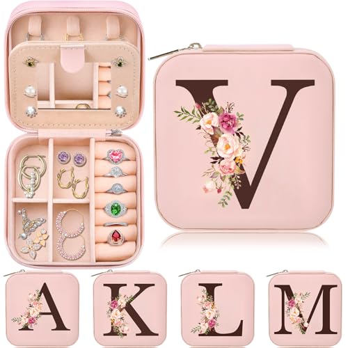 Small Travel Jewelry Case for Women, Initial Travel Jewelry Case Box Organizer Personalized Gifts, Fashion Travel Essentials Trendy Stuff for Teen Girls, Pink V - style: V