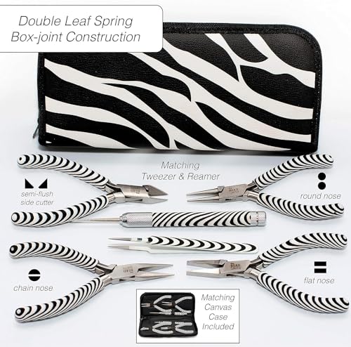The Beadsmith Zebra Print Tool Kit – 6 Pieces: Chain, Round, and Bent Chain Nose w/Side Cutter, Tweezers, & Reamer with Zippered Pouch, 5-Inch Each - size: tool kit - 5" (6-piece)