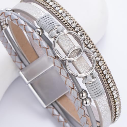 FANCY SHINY Mothers Day Gifts Boho Leather Wrap Bracelet Stackable Infinity Chunky Cuff Bracelets Western Hippie Outfits Jewelry Valentine Gifts for Women - color: Silver