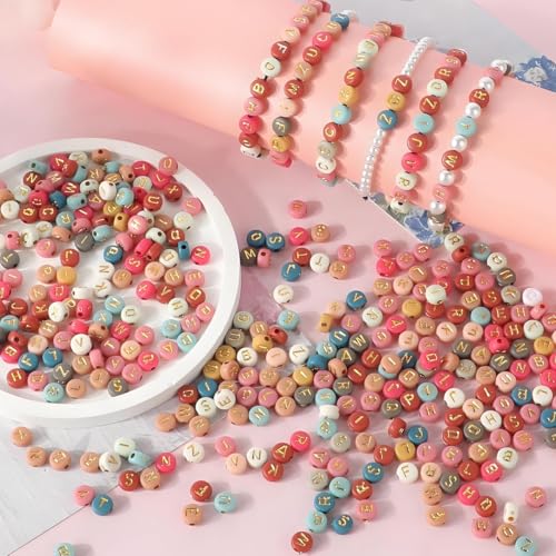 1000pcs Colorful Letter Beads, 4x7mm Acrylic Alphabet Beads A-Z Round Letter Beads for Friendship Bracelets Necklaces DIY Crafts Gifts Jewelry Making (Colorful Gold) - color: pink/gold