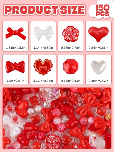 150PCS Valentine's Day Acrylic Pastel Beads for Jewelry Making, Kalolary Colorful Bow Butterfly Flower Kawaii Plastic Candy Heart Cute Macaroon Aesthetic Beads for Bracelet Necklace DIY Supplies (Red) - color: Red