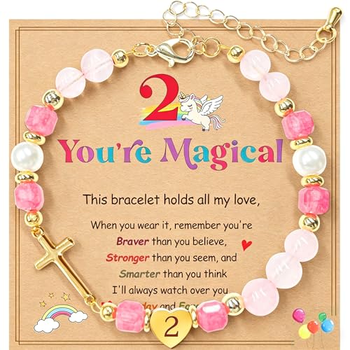 Birthday Number Cross Bracelet for Girls Ages 1-8, Strawberry Quartz & Pearl Beaded Bracelet with Gold-tone Cross & Heart Number, Adjustable Clasp Bracelet, Silver Gift Box - style: 2ND