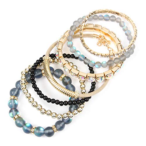 RIAH FASHION Multi Color Stretch Beaded Stackable Bracelets - Layering Bead Strand Statement Wrap Bangles - color: Mermaid Glass - Black, size: 7.0 Inches Length