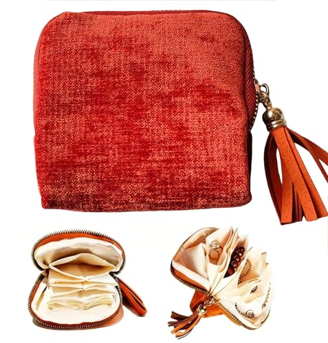 Travel Jewelry Organizer Case - Velvet Zipper Pouch with 6 Compartments for Bracelets, Earrings, Necklace, Anti-Scratch Storage, Valentine Gifts for Women (Orange) - color: Orange