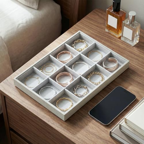 2-Piece Gray leather Stackable Jewelry Organizer Tray Set, Bracelet Ring Earring Holder Box, Necklace Display Stand for Storage and Retail Display (12 Grids) - style: 12 Grids