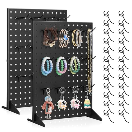Acfunique 2 Pack Peg Board Display Stand for Vendors with 24 Hooks Metal Tabletop Pegboard Display Stand for Craft Shows 17" X 13" Retail Display Racks Peg Board Organizer Holder Black - size: Black 2 Display+24HOOK