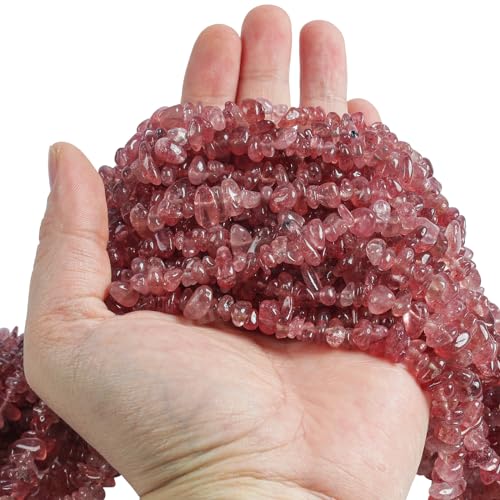 90 Inches Strawberry Quartz Irregular Shaped Crystal and Healing Tumbled Chip Stone Beads for Jewelry Making - color: Dark Pink-Strawberry Quartz
