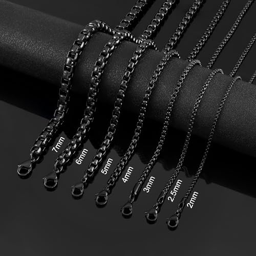 Square Rolo Chain Necklace Stainless Steel Round Box Necklace for Men Women/2mm-7mm/16Inch-36Inch - color: Stainless Steel-Black, size: 30 Inches, style: 2 mm width