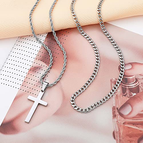 LUXEJEW Cross Necklace for Men Boys - Gold Silver Black Stainless Steel Cross Pendant Necklaces Layered Cuban Link Chain Necklace Jewelry Gifts 16 18 20 22 24 Inches - color: Silver, size: 18in/20in, style: Style B-Small Pendant-Buckle