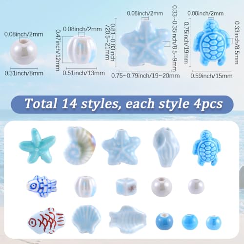 SUNNYCLUE 1 Box 56Pcs Turtle Beads Ceramic Ocean Beads Set Blue Starfish Shell Conch Fish Sea Beach Summer Round Square Loose Spacer for Jewelry Making DIY Necklace Bracelet Crafts Supplies Women