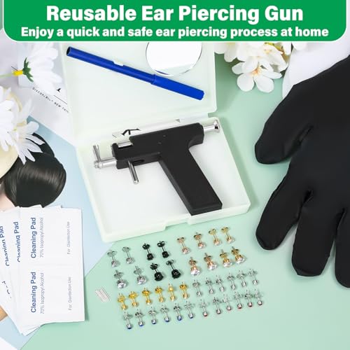 Reusable Ear Piercing Gun Kit, Professional Ear Piercing Machine with Stainless Steel Piercing Earrings Studs, Crystal Earrings for At Home Salon Earlobe Cartilage Helix Tragus Piercing Tool Set - color: Black