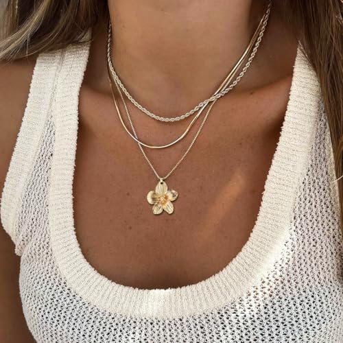Gold Layered Necklaces for Women, 14K Gold Plated Dainty Gold Chain Choker Necklace Stack, Herringbone Gold Necklaces Set - color: gold-3-Flower