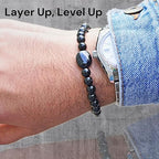 Black Obisidian Bracelets for Men 8" Inch Full Stretch Healing Crystal Bracelet, Beaded Charm Bracelet for Men Gifts Fathers Day Anniversary Birthday Gifts for Him - color: Black Obsidian & Black Onyx Charm Bracelets