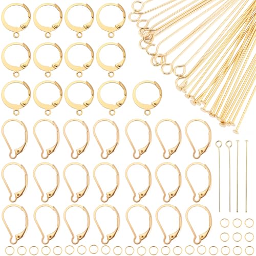 1 Box 180Pcs 18K Gold Plated Leverback French Hooks Stainless Steel Earring Findings Kit Eye Pin Head Pins Jump Ring Open Loop French Earwire Lever Back Earrings Findings for Jewelry Making - color: Gold