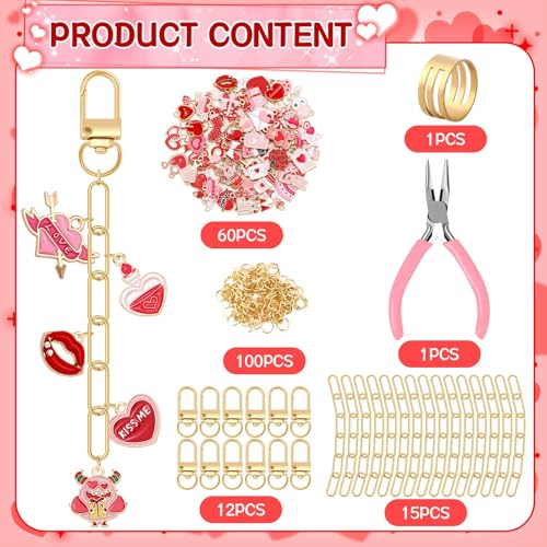 AUGSUN 189Pcs Valentines Keychain Making Kit, Valentines Day Charm Jewelry Chain Making Crafts, 60 Charms 12 Keychain Clips Hooks 15 Extender Chains 100 Jump Ring and Jewelry Plier - style: Valentines
