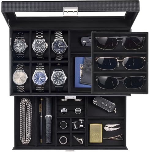 ProCase Mens Jewelry Box, Lockable 6 Slot Watch Case & 3 Slot Sunglasses Organizer, 2-layer Mens Jewelry Organizer Watch Box for Men, Watches Holder Display Storage Valentine Birthday Gifts -AllBlack - color: AllBlack
