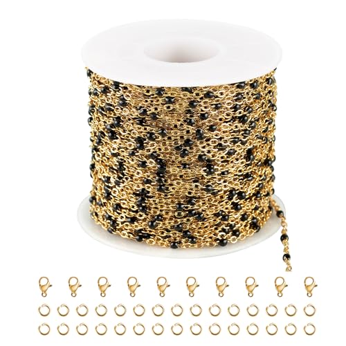 UMAOKANG 10 Meters Gold Plated Chains for Jewelry Making Black Enamel Bead Stainless Steel Link Chain on Spool - color: Gold-Black Enamel