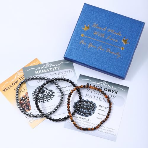 NCB 2.3-Piece 4mm Natural Crystal Gemstone Stretch Bracelets – Handmade Reiki Energy Healing Jewelry for Meditation,Yoga, Unisex - color: 3PCS ( Black Onyx+Hematite+Yellow Tiger's Eye ), size: 4mm