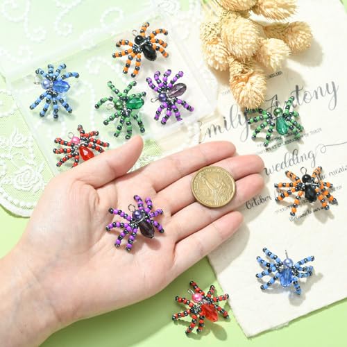 Ipotkitt 10 Pcs 5 Colors Halloween Glass Seed Spider Gothic Insect Crystal Mini Spider Charms with Platinum Brass Loops for Jewelry Making - color: 10pcs-Glass Spider Charms