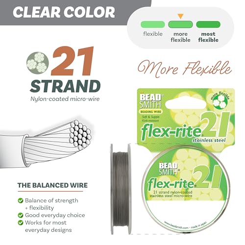 The Beadsmith Flex-Rite Beading Wire - 21-Strand Nylon-Coated Stainless-Steel Wire, 0.012" (0.30 mm) Dia, Clear, 100 ft Spool, Durable Necklace & Bracelet String, for Jewelry Making Supplies - size: .012” Dia - 100 ft