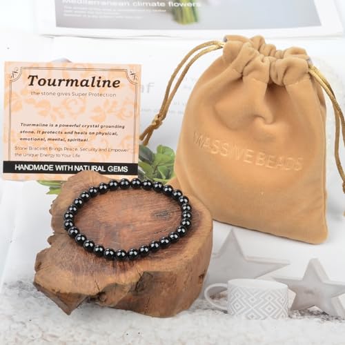 MASSIVE BEADS Handmade Yoga Stretch Elastic Bracelet Natural Stone Crystal Healing Power Energy Gifts for Unisex Adult 4mm 6mm 8mm 10mm - color: Black Tourmaline(Super Protection), size: 6mm