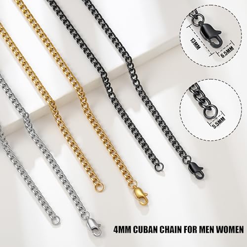 3 Pcs Cuban Link Chain Necklace for men, 4mm Stainless Steel Silver Black and 18K Gold Plated Chains Necklace men Women, 18"/22"/26"/30 Inches - size: 26 Inches