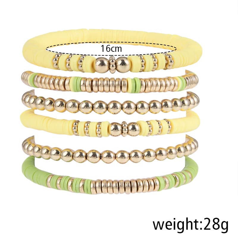 Pingyongchang Heishi Gold Beaded Bracelets Set for Women Men Bohemian Polymer Clay Colorful Surfer Vinyl Disc Stretch Layering Stackable Friendship Boho Bracelet Summer Beach Jewelry Gifts - color: Yellow