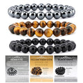 NCB 2.3-Piece 4mm Natural Crystal Gemstone Stretch Bracelets – Handmade Reiki Energy Healing Jewelry for Meditation,Yoga, Unisex - color: 3PCS ( Black Onyx+Hematite+Yellow Tiger's Eye ), size: 8mm