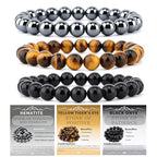 NCB 2.3-Piece 4mm Natural Crystal Gemstone Stretch Bracelets – Handmade Reiki Energy Healing Jewelry for Meditation,Yoga, Unisex - color: 3PCS ( Black Onyx+Hematite+Yellow Tiger's Eye ), size: 8mm