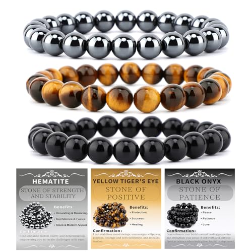 NCB 2.3-Piece 4mm Natural Crystal Gemstone Stretch Bracelets – Handmade Reiki Energy Healing Jewelry for Meditation,Yoga, Unisex - color: 3PCS ( Black Onyx+Hematite+Yellow Tiger's Eye ), size: 8mm