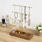 MyGift Handmade 3-Tier Brass Metal Jewelry Tree Organizer Stand and Ring Tray with Solid Acacia Wood Base, T Bar Necklace and Bracelet Display Rack, Handcrafted in India