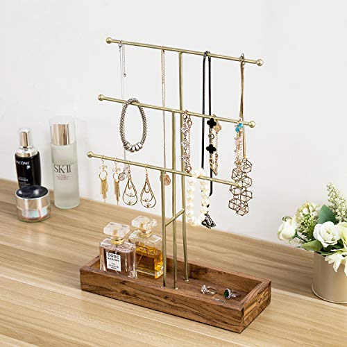 MyGift Handmade 3-Tier Brass Metal Jewelry Tree Organizer Stand and Ring Tray with Solid Acacia Wood Base, T Bar Necklace and Bracelet Display Rack, Handcrafted in India