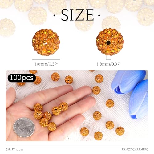 100 Pcs Golden Rhinestone Beads for Jewelry Making, Sparkle Crystal Clay Christmas for Bracelet Baseball Necklace Earring Crafting and DIY, Shiny Round Shamballa Disco Ball Beads Bulk - color: Golden, size: 100 pcs