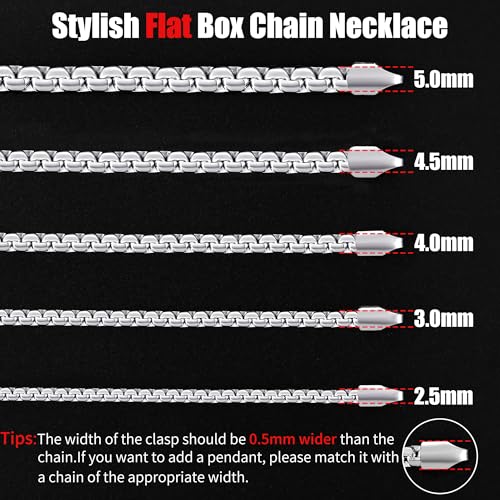 Fiusem Flat Box Chains for Men, 2.5/3/4/4.5/5mm Silver Tone Box Chain Necklace, Stainless Steel Necklaces for Men and Women 16-28 Inches, Jewelry Gift - size: 24 Inches, style: Silver 3MM