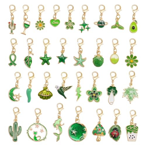 60PCS Enamel Charms Set with Golden Lobster Clasp, Assorted 30 Styles Animals Fruit Moon Star Clip-on Charm Pendants for Jewelry Making and Keychain Purse Decoration Crafts - color: Green