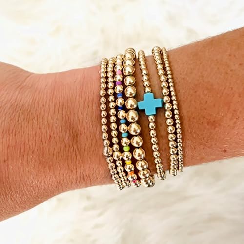 14K Gold Beaded Cross Beaded Bracelet Stack Set for Women,7PCS Bohemian Colorful Beads Ball Stretch Stackable Bracelets Trendy Holiday Birthday Gift - color: Blue