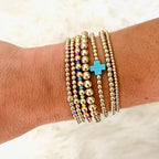 14K Gold Beaded Cross Beaded Bracelet Stack Set for Women,7PCS Bohemian Colorful Beads Ball Stretch Stackable Bracelets Trendy Holiday Birthday Gift - color: Blue